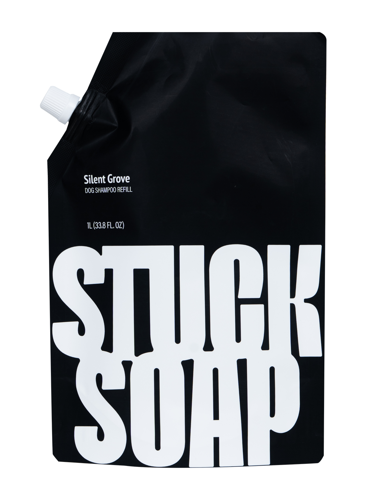 Black Silent Grove 1 L dog shampoo refill pouch, front view with spout cap