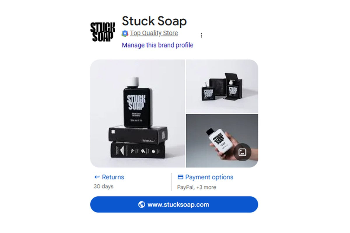 Google Top Quality Store badge on the STUCK SOAP brand profile