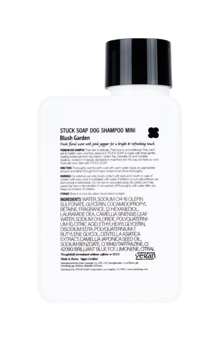 Back label of the Blush Garden 120 ml dog shampoo bottle, listing directions, warnings, storage and ingredients