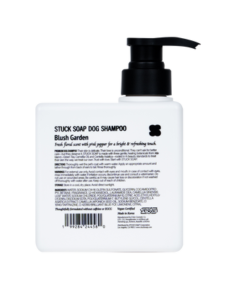 Back label of the Blush Garden 500 ml dog shampoo bottle, listing directions, warnings, storage and ingredients