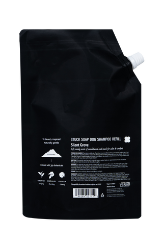 Back label of the Silent Grove 1 L dog shampoo refill pouch, listing directions, warnings and ingredients