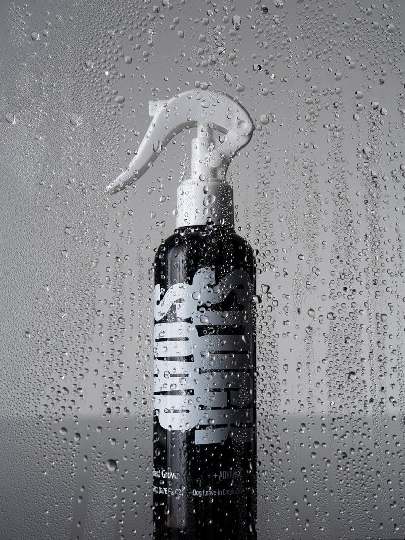 Black Silent Grove leave-in spray bottle behind a pane covered in water droplets