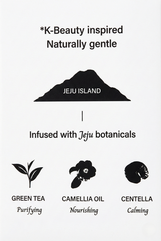 Carton panel reading Infused with Jeju botanicals, with green tea, camellia oil and centella icons