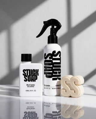 White Blush Garden 120 ml bottle, leave-in spray bottle and cream soap bar in window light