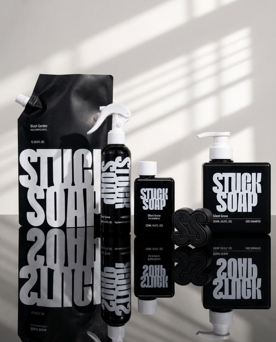 Silent Grove 1 L refill pouch, spray bottle, 120 ml bottle, 500 ml pump bottle and black soap bar in sunlight